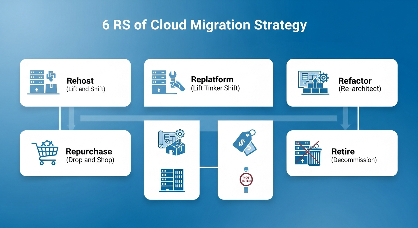 The 6 Rs of Cloud Migration Strategy - Rehost, Replatform, Refactor, Repurchase, Retain, Retire