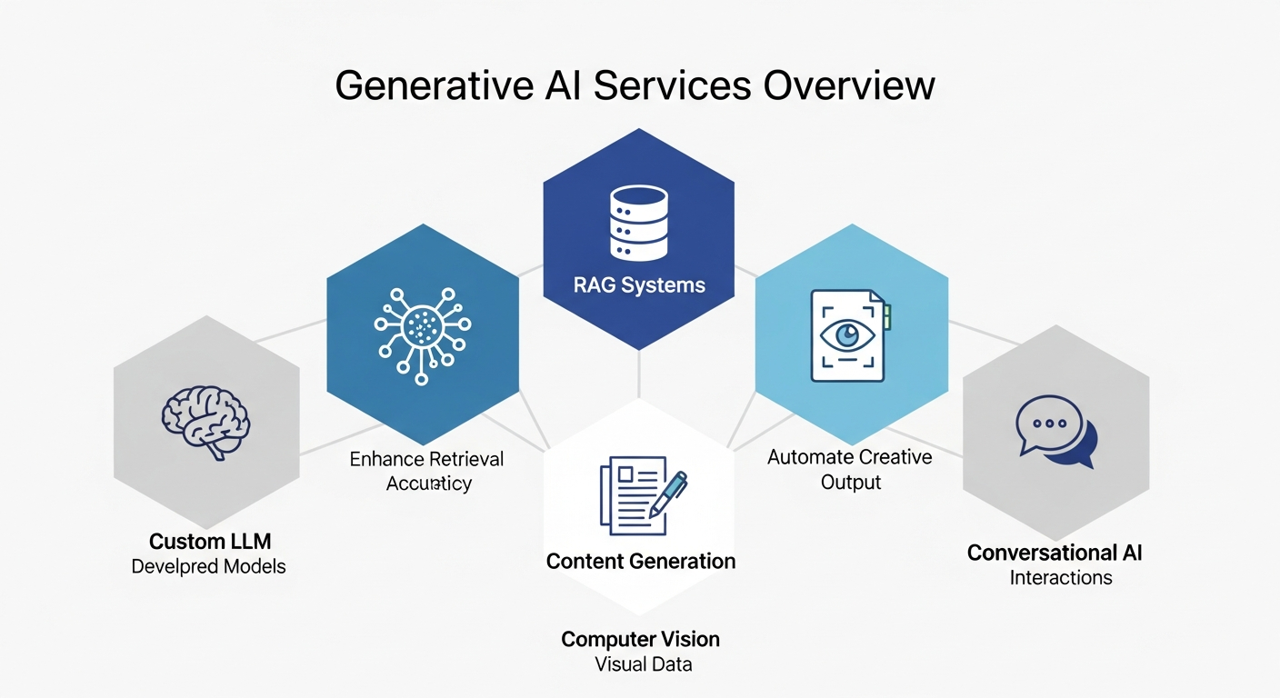Generative AI Services Overview infographic showing five key service categories: Custom LLM Development, RAG Systems, Content Generation, Computer Vision, and Conversational AI