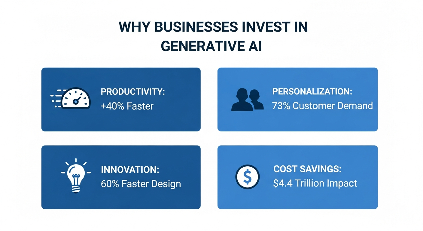 Infographic showing why businesses invest in generative AI - productivity gains, personalization, innovation acceleration, and cost savings